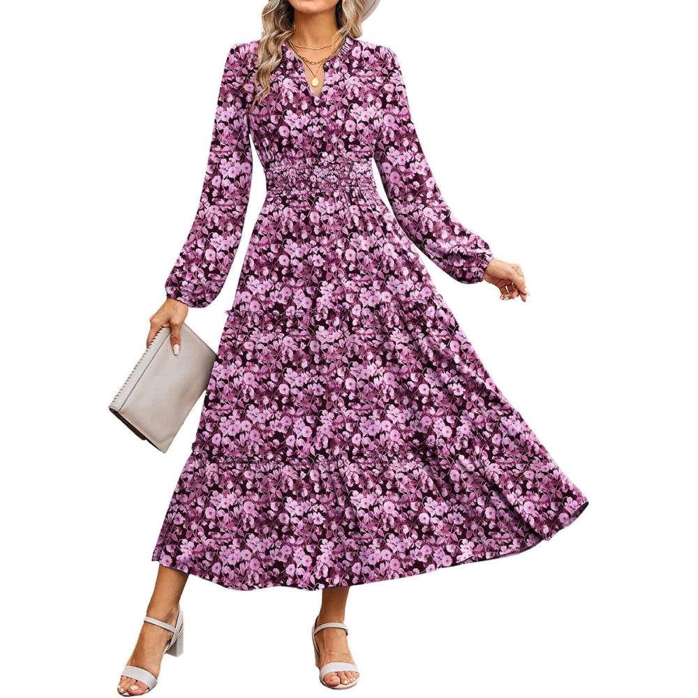 imageWomen Long Sleeve Midi Dress Boho Floral Casual Flowy A Line Dresses Spring Elegant Classy Dress with PocketPurple