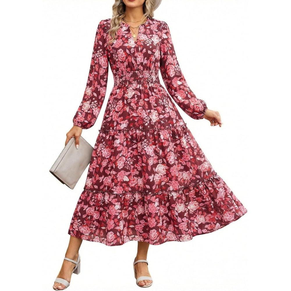 imageWomen Long Sleeve Midi Dress Boho Floral Casual Flowy A Line Dresses Spring Elegant Classy Dress with PocketRed Pink
