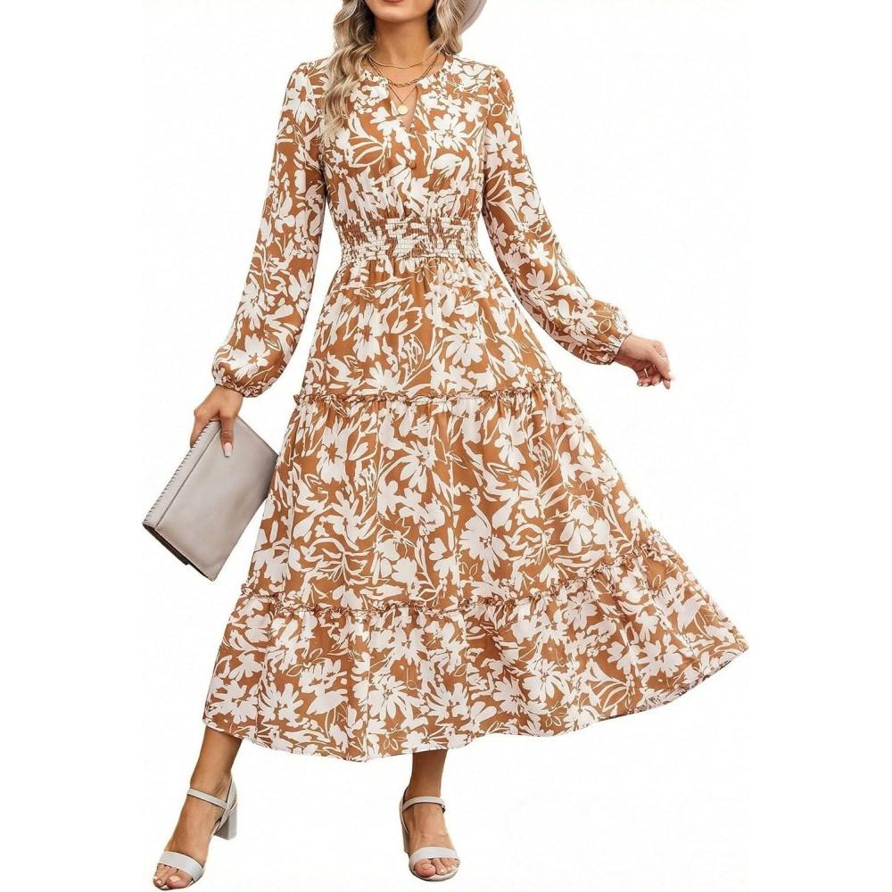 imageWomen Long Sleeve Midi Dress Boho Floral Casual Flowy A Line Dresses Spring Elegant Classy Dress with PocketYellow