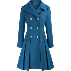 GRACE KARIN 2024 Women’s Fashion Trench Coat Notch Lapel Double Breasted Thick A Line Pea Coats Jacket with Pockets(S-2XL)(Teal Blue)