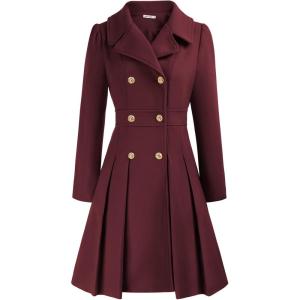 GRACE KARIN 2024 Women’s Fashion Trench Coat Notch Lapel Double Breasted Thick A Line Pea Coats Jacket with Pockets(S-2XL)(Wine Red)