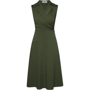 GRACE KARIN 2025 Women’s Notch Lapel Ruched Wrap V Neck Business Work Dress Sleeveless A Line Midi Dress(Army Green)