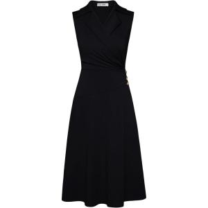 GRACE KARIN 2025 Women’s Notch Lapel Ruched Wrap V Neck Business Work Dress Sleeveless A Line Midi Dress(Black)