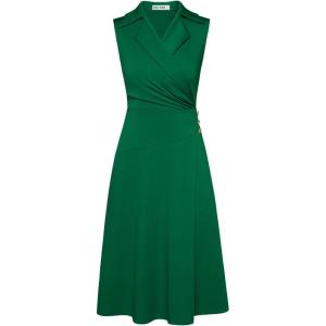 GRACE KARIN 2025 Women’s Notch Lapel Ruched Wrap V Neck Business Work Dress Sleeveless A Line Midi Dress(Dark Green)