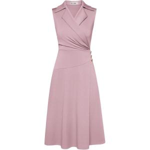 GRACE KARIN 2025 Women’s Notch Lapel Ruched Wrap V Neck Business Work Dress Sleeveless A Line Midi Dress(Light Pink)