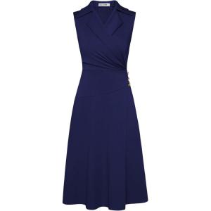 GRACE KARIN 2025 Women’s Notch Lapel Ruched Wrap V Neck Business Work Dress Sleeveless A Line Midi Dress(Navy Blue)