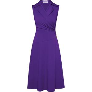 GRACE KARIN 2025 Women’s Notch Lapel Ruched Wrap V Neck Business Work Dress Sleeveless A Line Midi Dress(Purple)