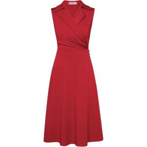 GRACE KARIN 2025 Women’s Notch Lapel Ruched Wrap V Neck Business Work Dress Sleeveless A Line Midi Dress(Red)