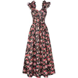 GRACE KARIN 2025 Women’s Summer Floral Print Dress Sleeveless Casual Flowy Sundress A Line Ruffle Wedding Guest Outfit(Black Red)
