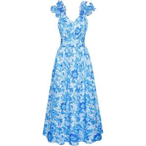 GRACE KARIN 2025 Women’s Summer Floral Print Dress Sleeveless Casual Flowy Sundress A Line Ruffle Wedding Guest Outfit(Blue Floral)