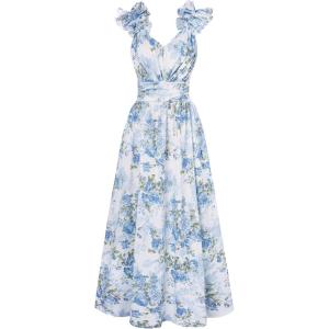 GRACE KARIN 2025 Women’s Summer Floral Print Dress Sleeveless Casual Flowy Sundress A Line Ruffle Wedding Guest Outfit(Blue Green)