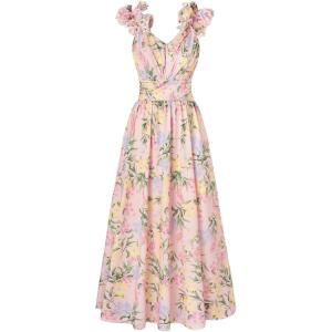 GRACE KARIN 2025 Women’s Summer Floral Print Dress Sleeveless Casual Flowy Sundress A Line Ruffle Wedding Guest Outfit(Blue Yellow)