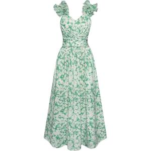 GRACE KARIN 2025 Women’s Summer Floral Print Dress Sleeveless Casual Flowy Sundress A Line Ruffle Wedding Guest Outfit(Green White Floral)