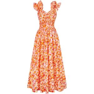 GRACE KARIN 2025 Women’s Summer Floral Print Dress Sleeveless Casual Flowy Sundress A Line Ruffle Wedding Guest Outfit(Orange)