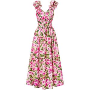 GRACE KARIN 2025 Women’s Summer Floral Print Dress Sleeveless Casual Flowy Sundress A Line Ruffle Wedding Guest Outfit(Pink Green)