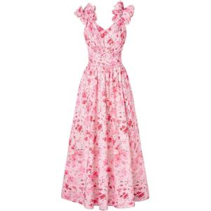 GRACE KARIN 2025 Women’s Summer Floral Print Dress Sleeveless Casual Flowy Sundress A Line Ruffle Wedding Guest Outfit(Pink Red)