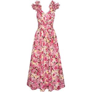 GRACE KARIN 2025 Women’s Summer Floral Print Dress Sleeveless Casual Flowy Sundress A Line Ruffle Wedding Guest Outfit(Pink Yellow Floral)