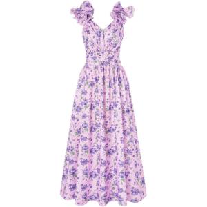 GRACE KARIN 2025 Women’s Summer Floral Print Dress Sleeveless Casual Flowy Sundress A Line Ruffle Wedding Guest Outfit(Purple Green)