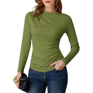 GRACE KARIN 2026 Women’s Long Sleeve Wrap Blouse – Boat Neck Ruched Fitted Trendy Top for Fall Dressy Casual(Army Green)