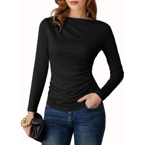GRACE KARIN 2026 Women’s Long Sleeve Wrap Blouse – Boat Neck Ruched Fitted Trendy Top for Fall Dressy Casual(Black)