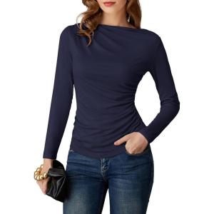 GRACE KARIN 2026 Women’s Long Sleeve Wrap Blouse – Boat Neck Ruched Fitted Trendy Top for Fall Dressy Casual(Dark Blue)