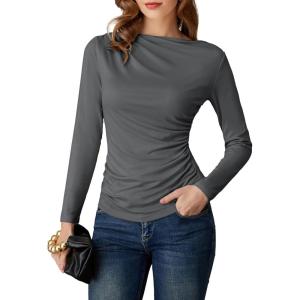 GRACE KARIN 2026 Women’s Long Sleeve Wrap Blouse – Boat Neck Ruched Fitted Trendy Top for Fall Dressy Casual(Gray)