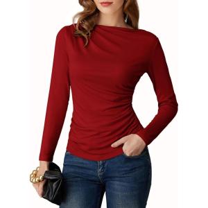 GRACE KARIN 2026 Women’s Long Sleeve Wrap Blouse – Boat Neck Ruched Fitted Trendy Top for Fall Dressy Casual(Red)