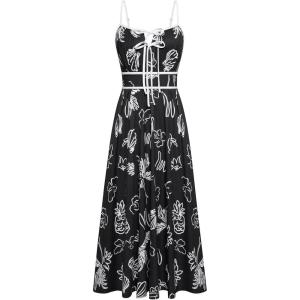 GRACE KARIN 2026 Women’s Summer Maxi Dresses, Tie Front Floral Boho Dress, Spaghetti Strap Sundress with Pockets(Black)