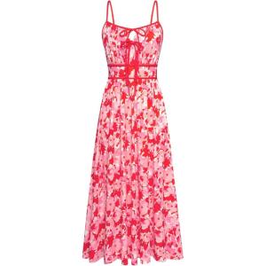 GRACE KARIN 2026 Women’s Summer Maxi Dresses, Tie Front Floral Boho Dress, Spaghetti Strap Sundress with Pockets(Pink Red)