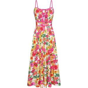 GRACE KARIN 2026 Women’s Summer Maxi Dresses, Tie Front Floral Boho Dress, Spaghetti Strap Sundress with Pockets(Pink Yellow)