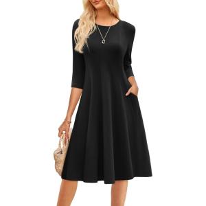 GRACE KARIN Fall Dresses for Women 2025 Casual 3/4 Sleeve Dress A Line Fit and Flare Midi Dress with Pockets(Black)