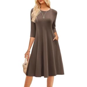 GRACE KARIN Fall Dresses for Women 2025 Casual 3/4 Sleeve Dress A Line Fit and Flare Midi Dress with Pockets(Brown)