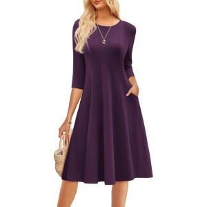 GRACE KARIN Fall Dresses for Women 2025 Casual 3/4 Sleeve Dress A Line Fit and Flare Midi Dress with Pockets(Dark Purple)