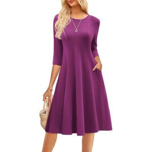 GRACE KARIN Fall Dresses for Women 2025 Casual 3/4 Sleeve Dress A Line Fit and Flare Midi Dress with Pockets(Mulberry)