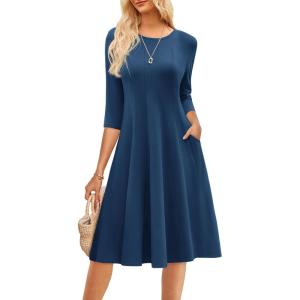 GRACE KARIN Fall Dresses for Women 2025 Casual 3/4 Sleeve Dress A Line Fit and Flare Midi Dress with Pockets(Navy Blue)