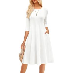 GRACE KARIN Fall Dresses for Women 2025 Casual 3/4 Sleeve Dress A Line Fit and Flare Midi Dress with Pockets(White(with Lined))