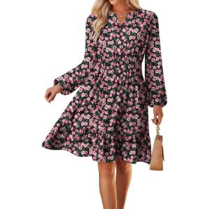 GRACE KARIN Fall Dresses for Women 2025,Casual Long Sleeve Mini Dress, Floral Wedding Guest Dress with Pockets(Black Pink)