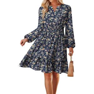GRACE KARIN Fall Dresses for Women 2025,Casual Long Sleeve Mini Dress, Floral Wedding Guest Dress with Pockets(Navy Brown)