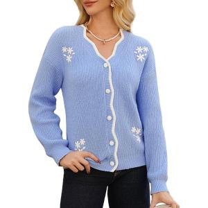 GRACE KARIN Flower Sweater Cardigan for Women, Button Down Long Sleeve Cardigans, Embroidered Open Front Jacket(Blue)