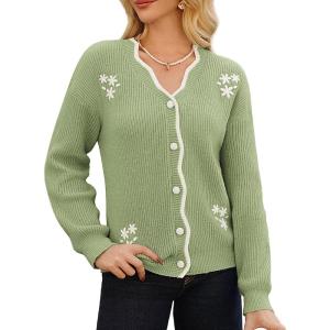 GRACE KARIN Flower Sweater Cardigan for Women, Button Down Long Sleeve Cardigans, Embroidered Open Front Jacket(Green)