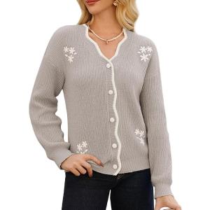 GRACE KARIN Flower Sweater Cardigan for Women, Button Down Long Sleeve Cardigans, Embroidered Open Front Jacket(Light Khaki)