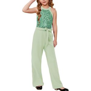 GRACE KARIN Girls Jumpsuit Tween Sequin Trendy Party Halter Shinny Dance Formal Romper Bodysuit 6-12(Bean Green)