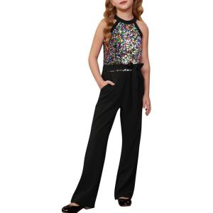 GRACE KARIN Girls Jumpsuit Tween Sequin Trendy Party Halter Shinny Dance Formal Romper Bodysuit 6-12(Dreamy Black)