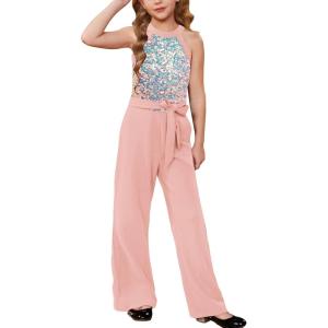 GRACE KARIN Girls Jumpsuit Tween Sequin Trendy Party Halter Shinny Dance Formal Romper Bodysuit 6-12(Gray Pink)