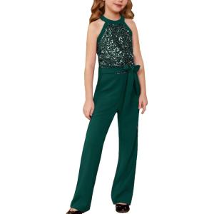 GRACE KARIN Girls Jumpsuit Tween Sequin Trendy Party Halter Shinny Dance Formal Romper Bodysuit 6-12(Green)