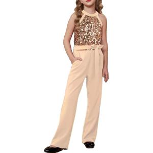 GRACE KARIN Girls Jumpsuit Tween Sequin Trendy Party Halter Shinny Dance Formal Romper Bodysuit 6-12(Rose Golden)
