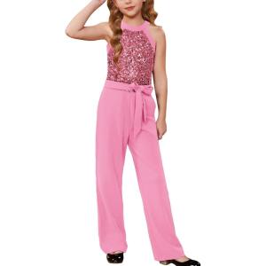 GRACE KARIN Girls Jumpsuit Tween Sequin Trendy Party Halter Shinny Dance Formal Romper Bodysuit 6-12(Watermelon Red)