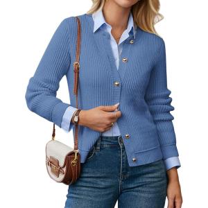 GRACE KARIN Knit Cardigan Sweaters for Women Long Sleeve Ribbed Button Up Sweater 2026 Spring Casual Jacket(Blue)