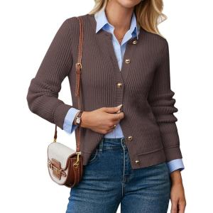 GRACE KARIN Knit Cardigan Sweaters for Women Long Sleeve Ribbed Button Up Sweater 2026 Spring Casual Jacket(Coffee)