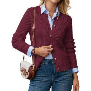 GRACE KARIN Knit Cardigan Sweaters for Women Long Sleeve Ribbed Button Up Sweater 2026 Spring Casual Jacket(Wine Red)